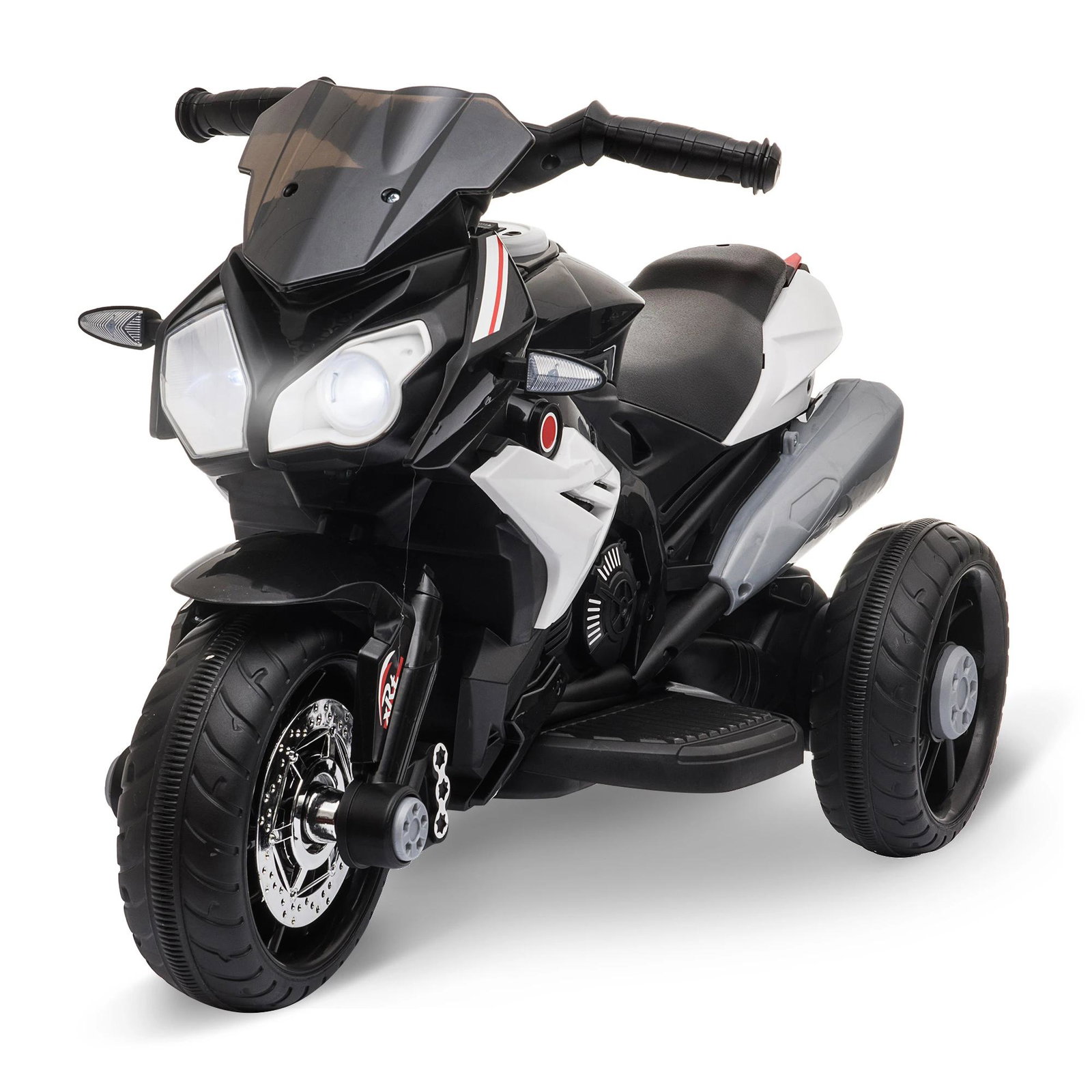 Motocicleta elétrica infantil com 3 rodas triciclo para crianças acima de 3 anos com bateria 6v recarregável funções de música buzina faróis 86x42x52cm preto e branco