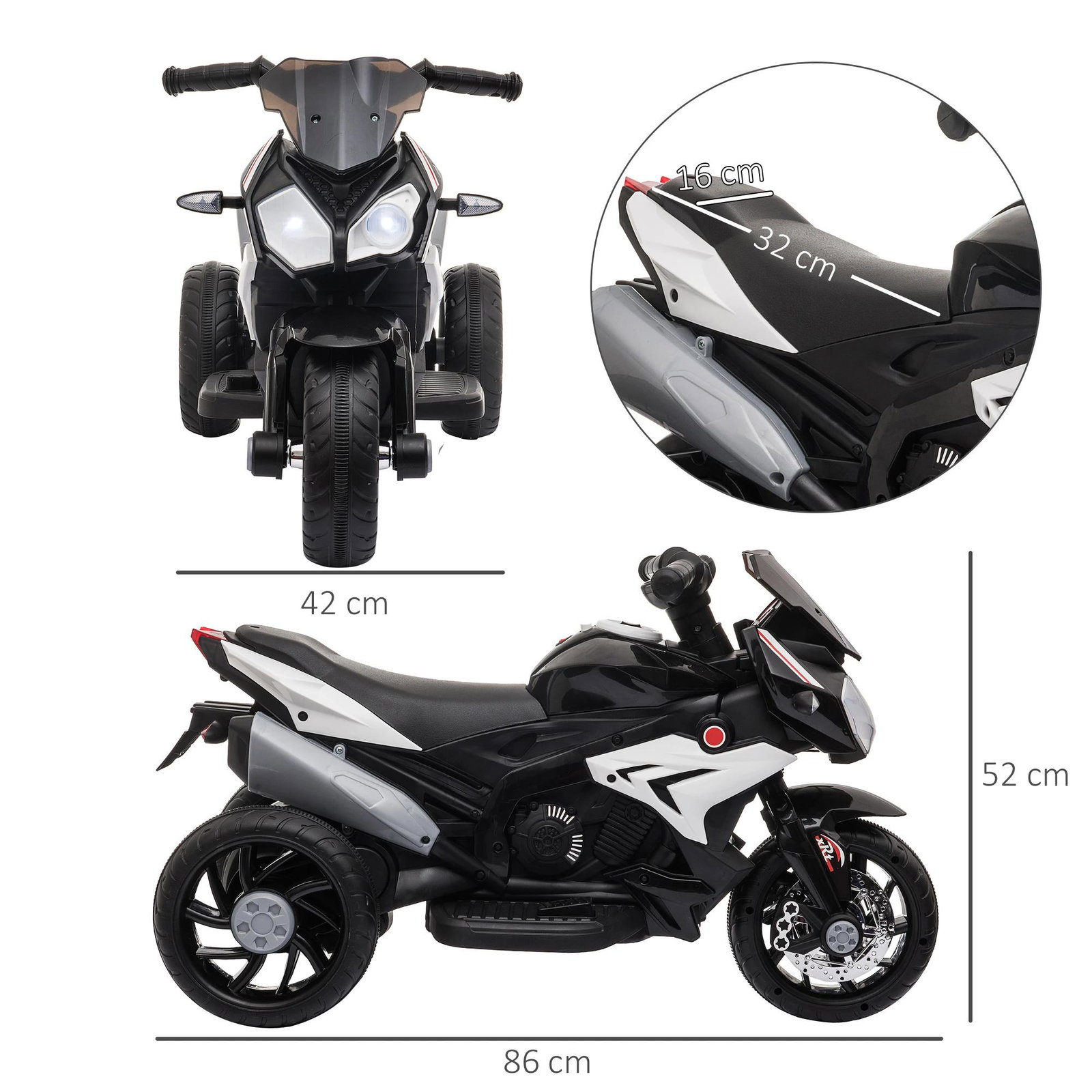 Motocicleta elétrica infantil com 3 rodas triciclo para crianças acima de 3 anos com bateria 6v recarregável funções de música buzina faróis 86x42x52cm preto e branco