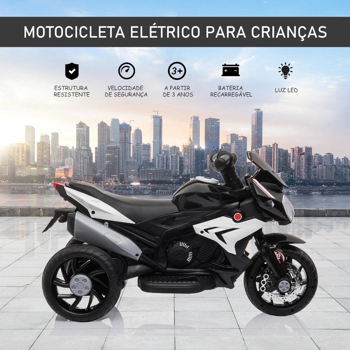 Motocicleta elétrica infantil com 3 rodas triciclo para crianças acima de 3 anos com bateria 6v recarregável funções de música buzina faróis 86x42x52cm preto e branco