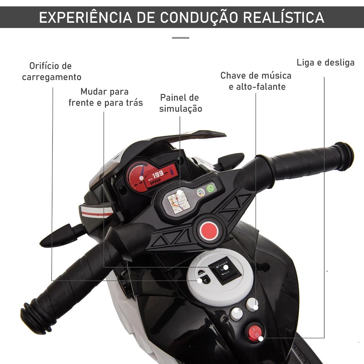 Motocicleta elétrica infantil com 3 rodas triciclo para crianças acima de 3 anos com bateria 6v recarregável funções de música buzina faróis 86x42x52cm preto e branco