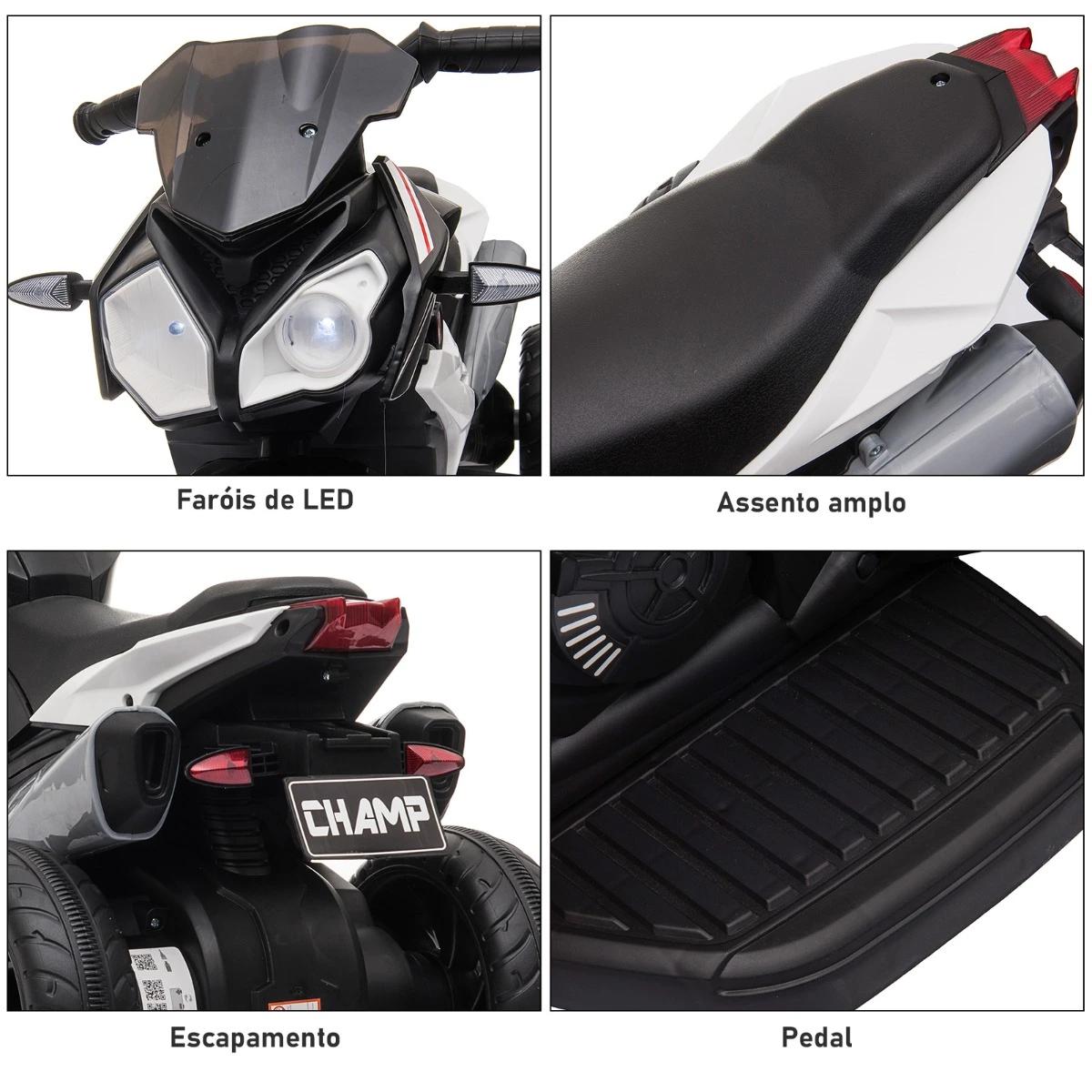 Motocicleta elétrica infantil com 3 rodas triciclo para crianças acima de 3 anos com bateria 6v recarregável funções de música buzina faróis 86x42x52cm preto e branco