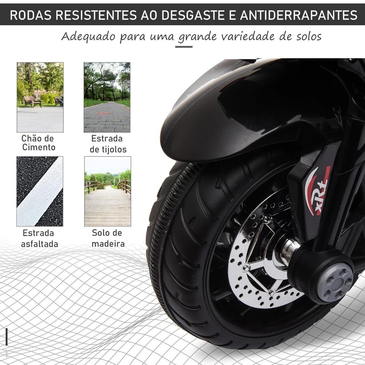 Motocicleta elétrica infantil com 3 rodas triciclo para crianças acima de 3 anos com bateria 6v recarregável funções de música buzina faróis 86x42x52cm preto e branco