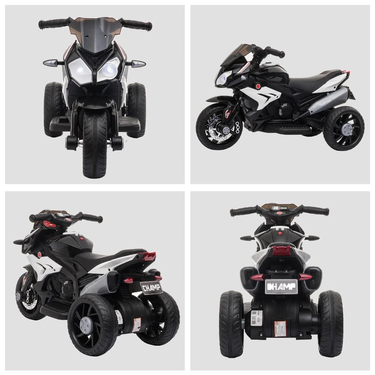 Motocicleta elétrica infantil com 3 rodas triciclo para crianças acima de 3 anos com bateria 6v recarregável funções de música buzina faróis 86x42x52cm preto e branco