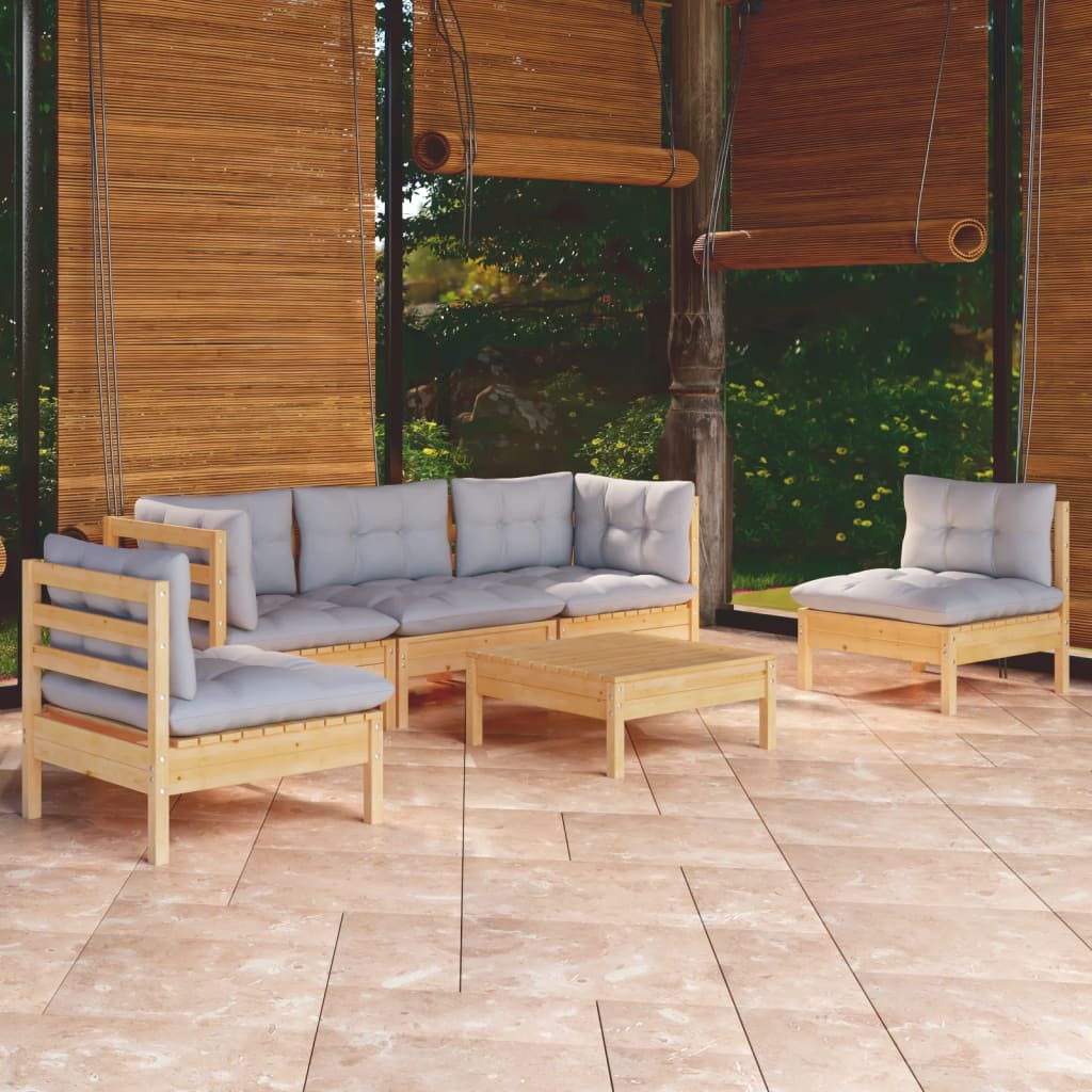 6 Pcs conjunto lounge de jardim + almofadões cinza pinho maciço