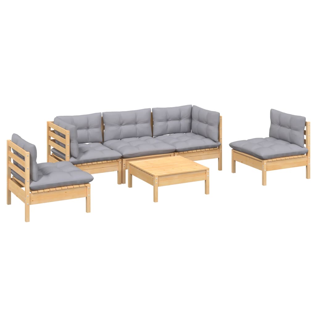 6 Pcs conjunto lounge de jardim + almofadões cinza pinho maciço