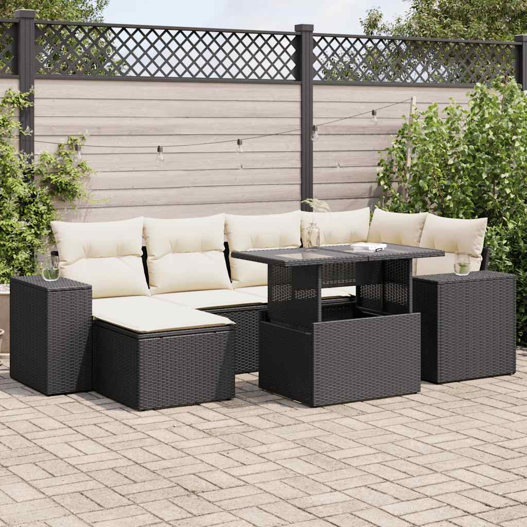 7 Pcs conjunto de sofás p/ jardim c/ almofadões vime PE preto