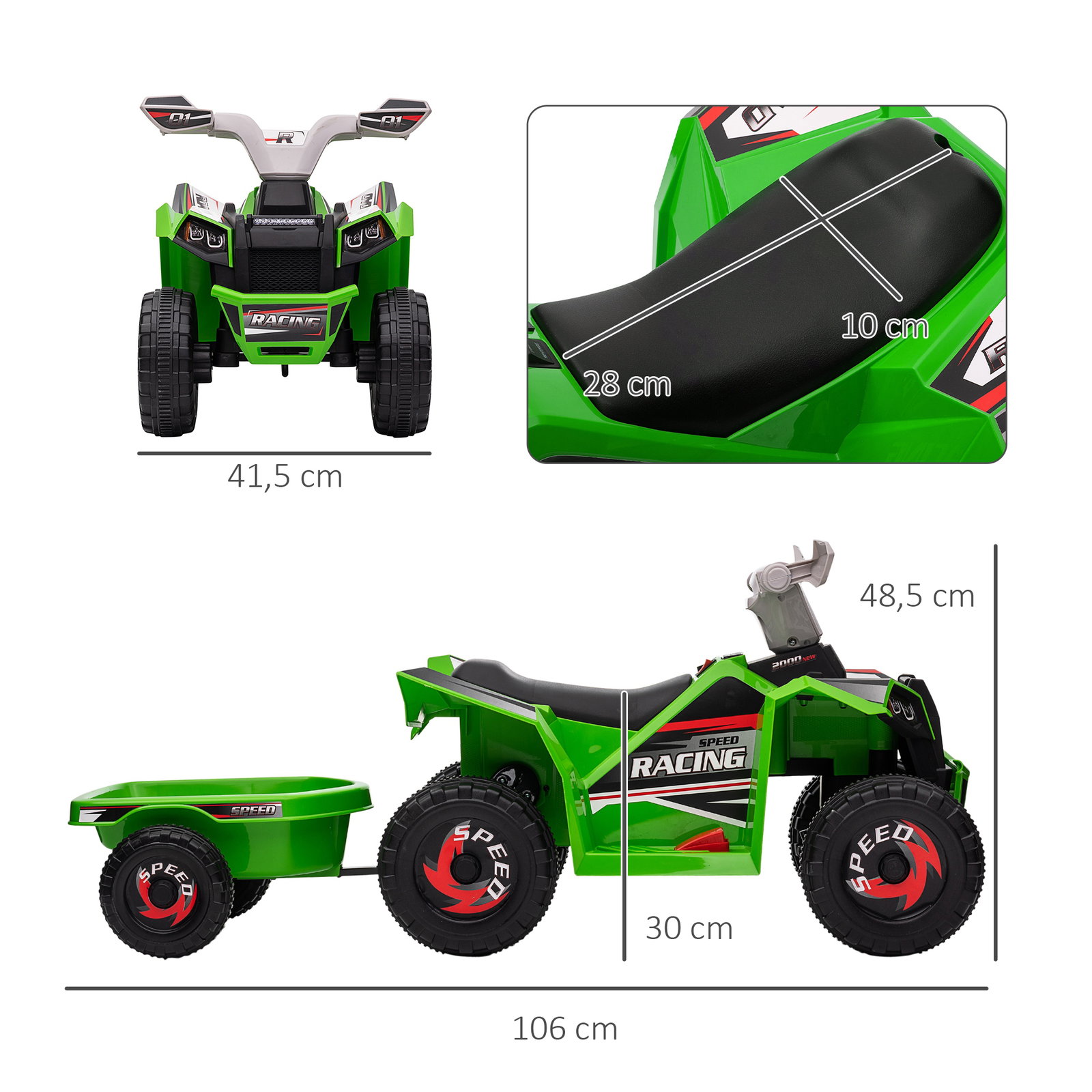 Quadriciclo elétrico para crianças com reboque bateria 6v de 18-36 meses com velocidade 2,5 km/h 106x41,5x48,5 cm verde