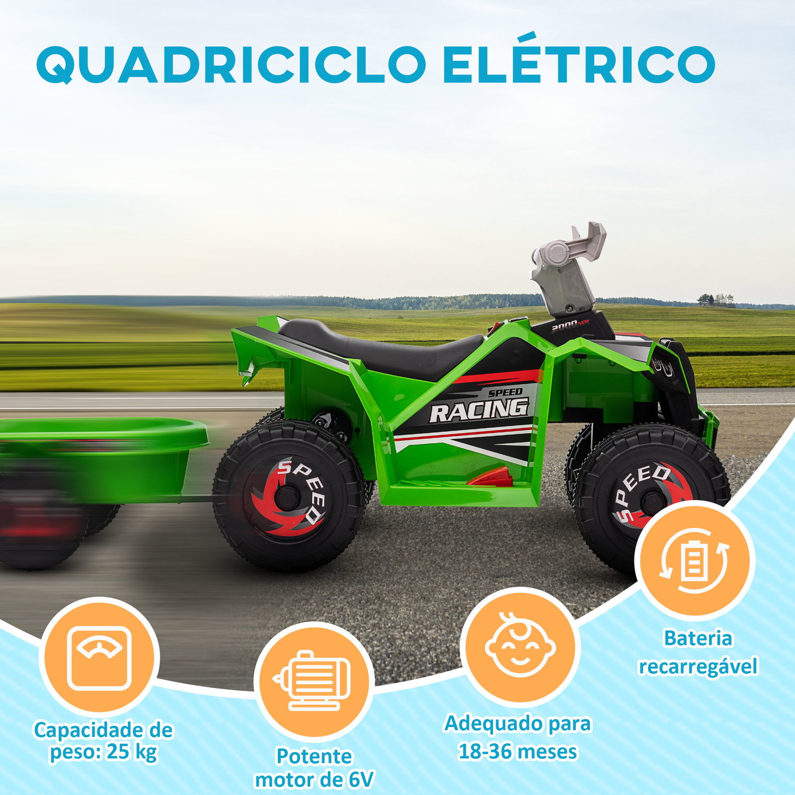 Quadriciclo elétrico para crianças com reboque bateria 6v de 18-36 meses com velocidade 2,5 km/h 106x41,5x48,5 cm verde