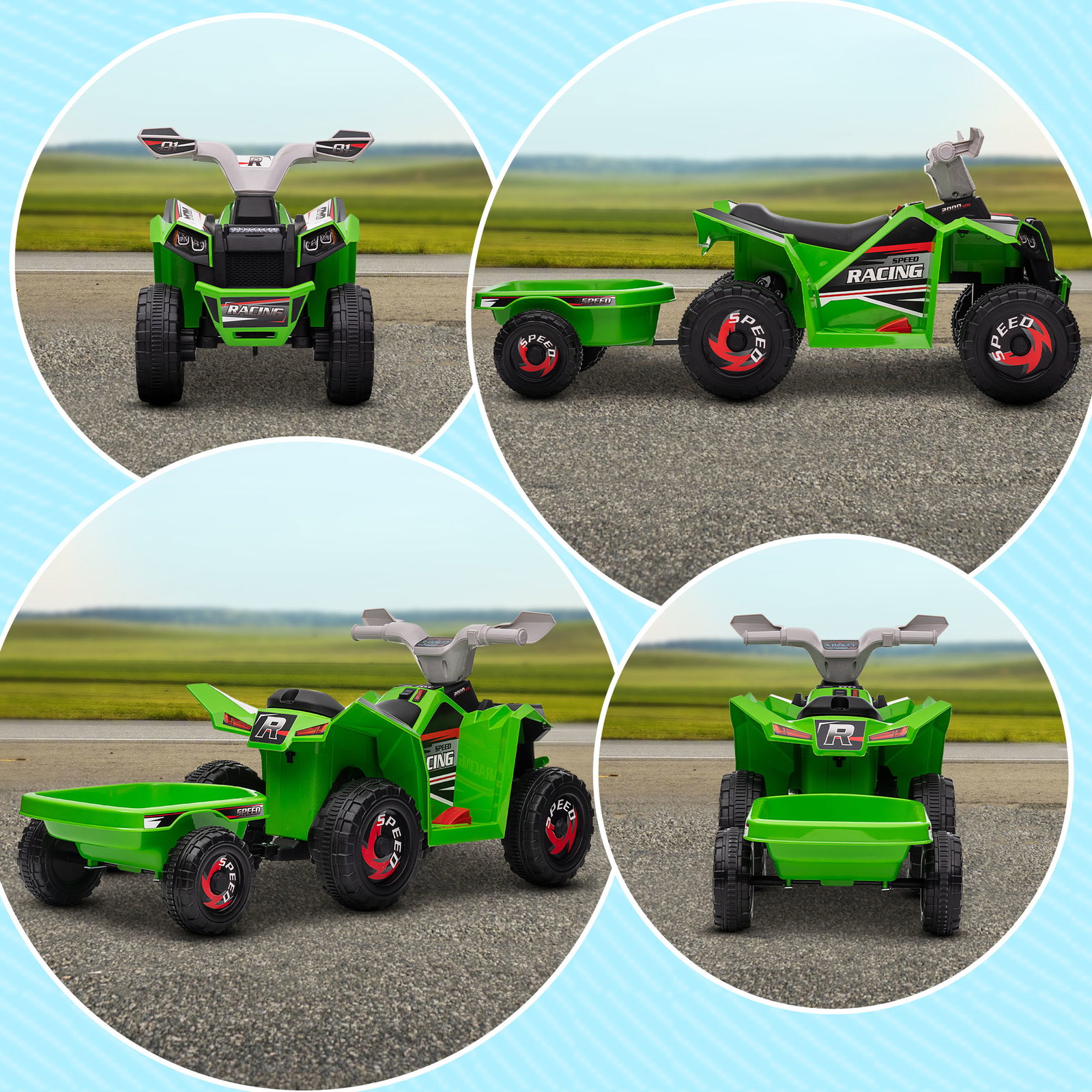 Quadriciclo elétrico para crianças com reboque bateria 6v de 18-36 meses com velocidade 2,5 km/h 106x41,5x48,5 cm verde