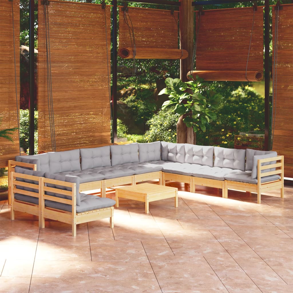 11Pcs conjunto lounge de jardim + almofadões cinza pinho maciço