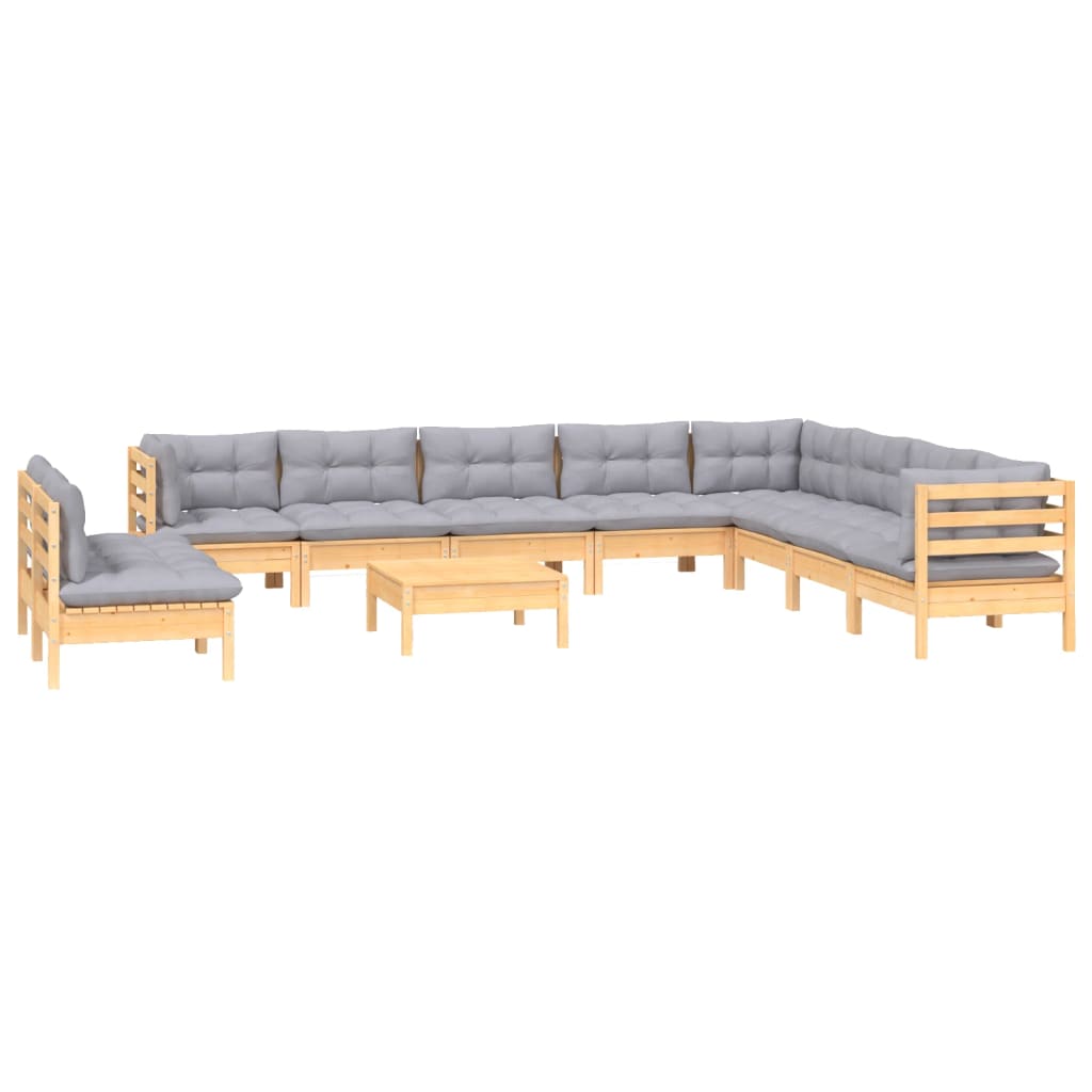 11Pcs conjunto lounge de jardim + almofadões cinza pinho maciço