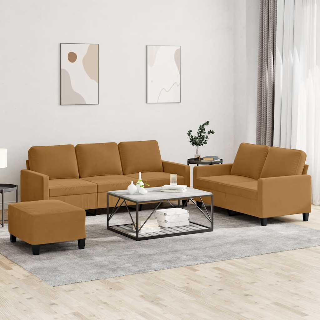3 Pcs conjunto de sofás com almofadões veludo castanho