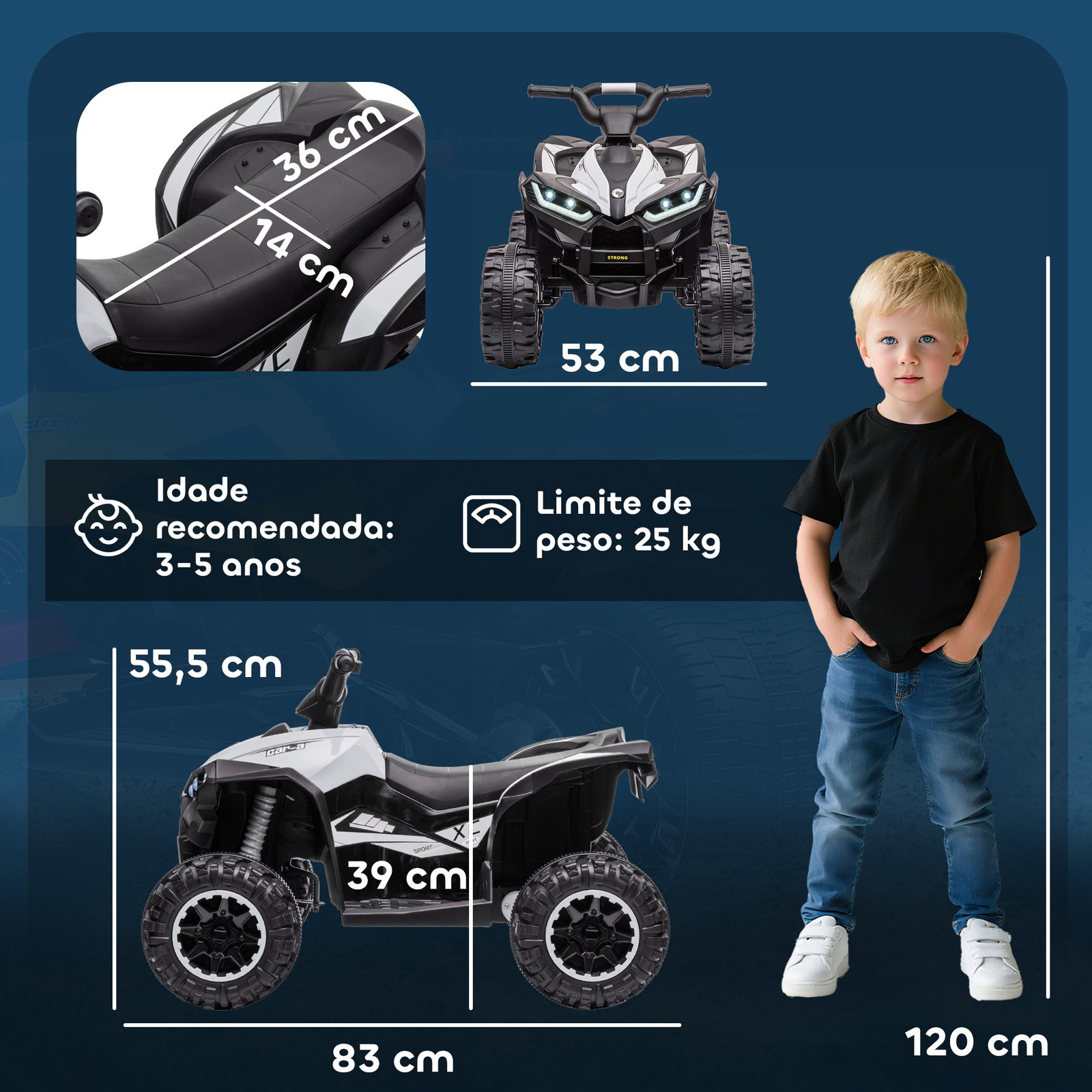 Quadriciclo elétrico para crianças de 3-5 anos veículo eléctrico a bateria 12v com 2 motores 83x53x55,5cm branco
