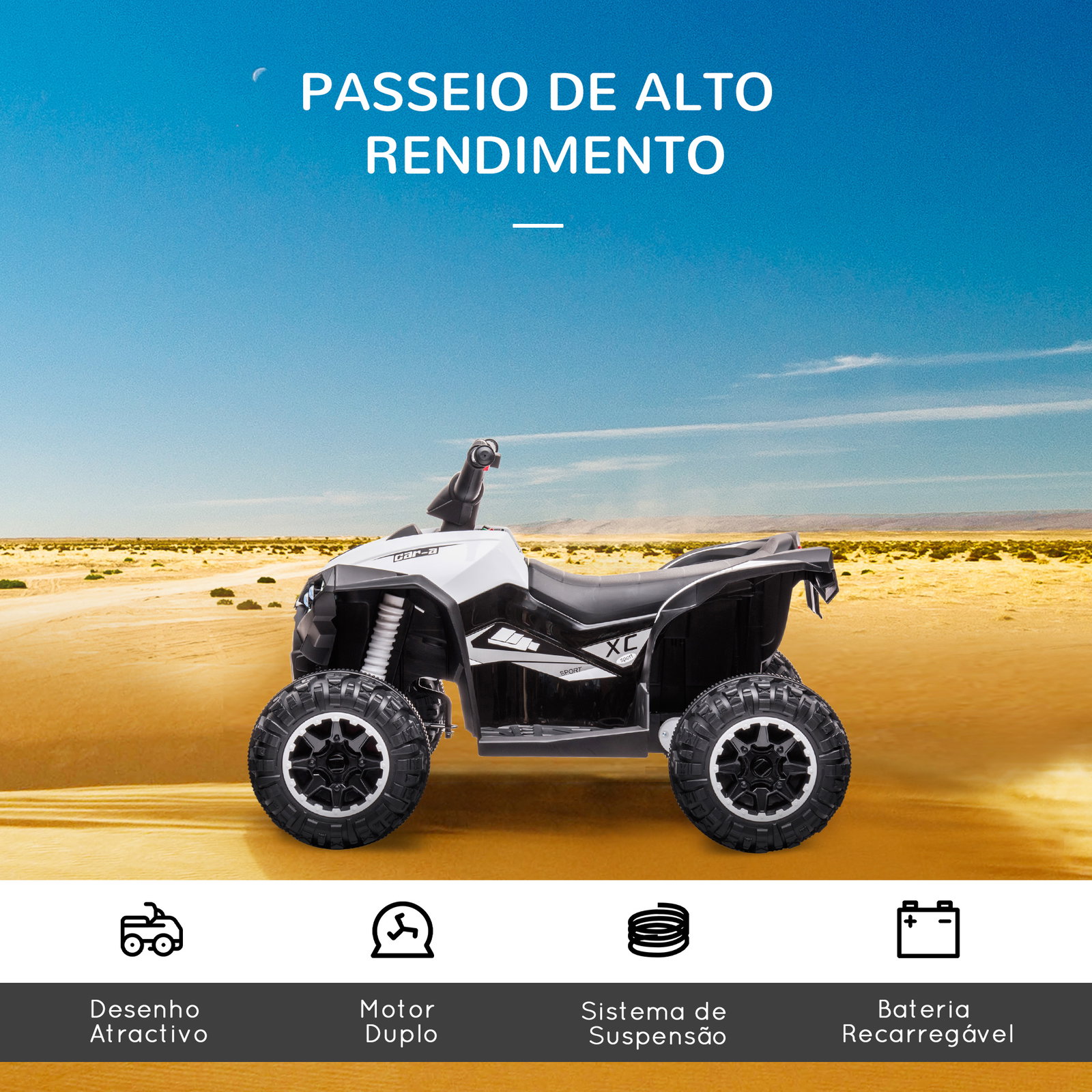 Quadriciclo elétrico para crianças de 3-5 anos veículo eléctrico a bateria 12v com 2 motores 83x53x55,5cm branco