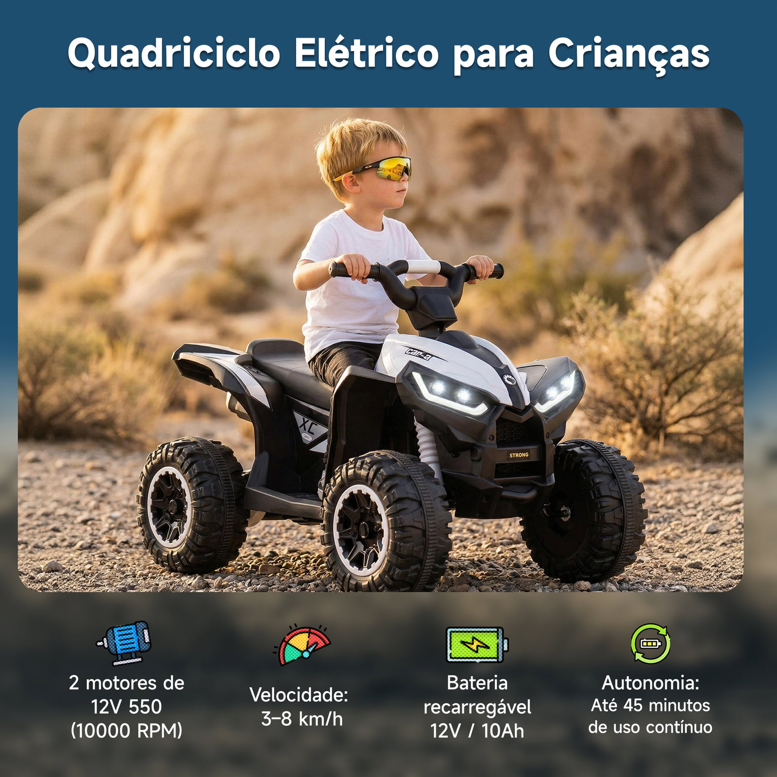Quadriciclo elétrico para crianças de 3-5 anos veículo eléctrico a bateria 12v com 2 motores 83x53x55,5cm branco