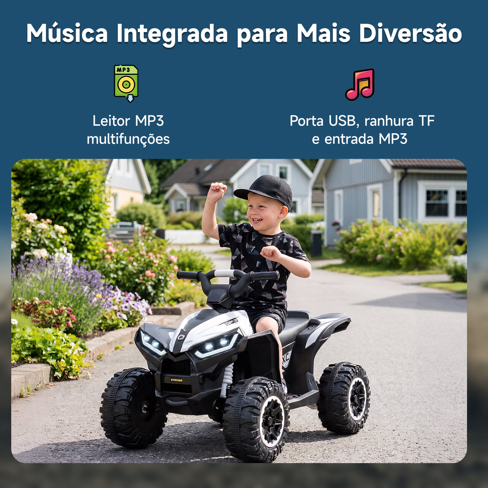 Quadriciclo elétrico para crianças de 3-5 anos veículo eléctrico a bateria 12v com 2 motores 83x53x55,5cm branco