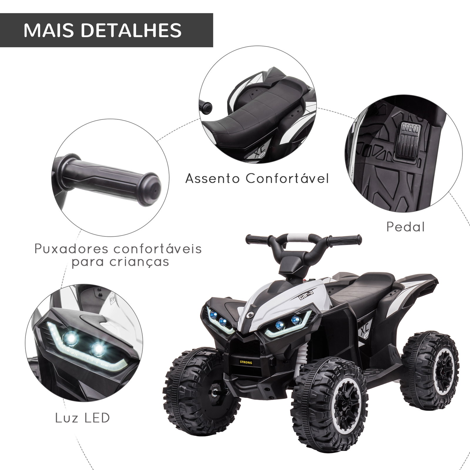 Quadriciclo elétrico para crianças de 3-5 anos veículo eléctrico a bateria 12v com 2 motores 83x53x55,5cm branco