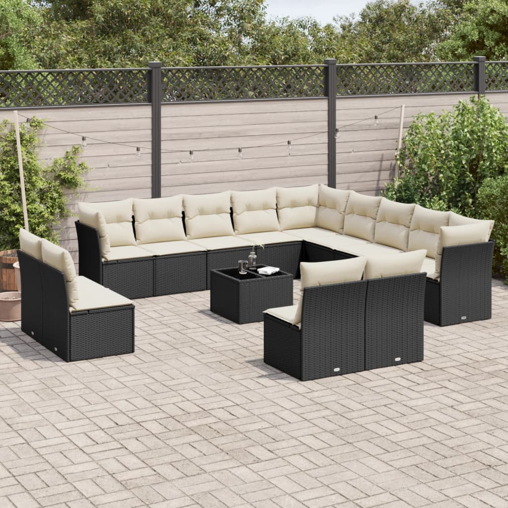 14 Pcs conjunto de sofás p/ jardim c/ almofadões vime PE preto