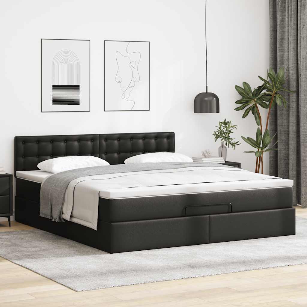 Cama otomana com colchões&leds 180x200cm couro artificial preto