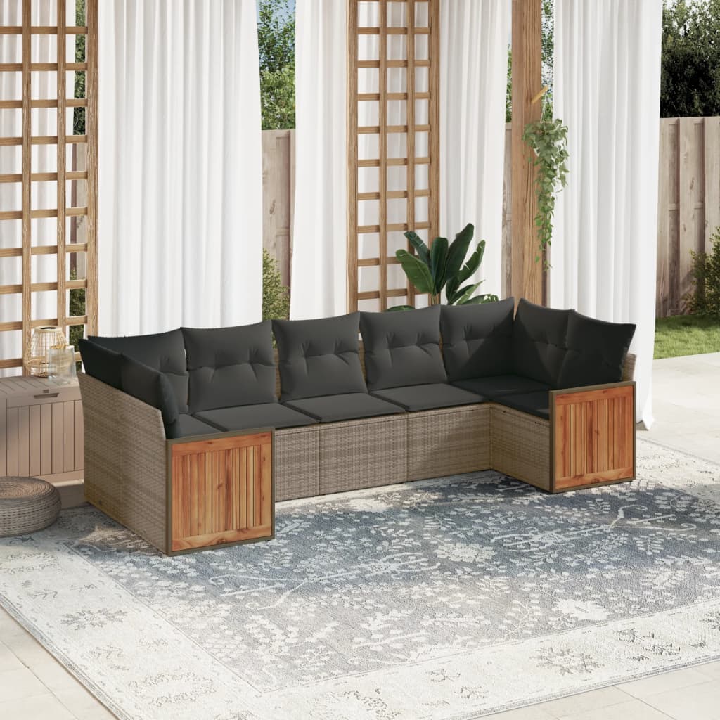 7 Pcs conjunto sofás p/ jardim c/ almofadões vime PE cinzento