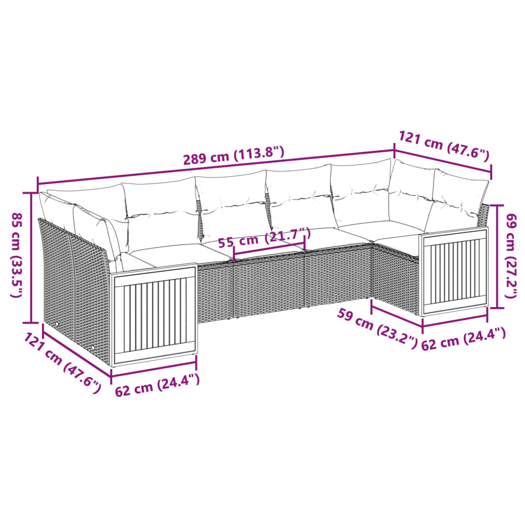 7 Pcs conjunto sofás p/ jardim c/ almofadões vime PE cinzento