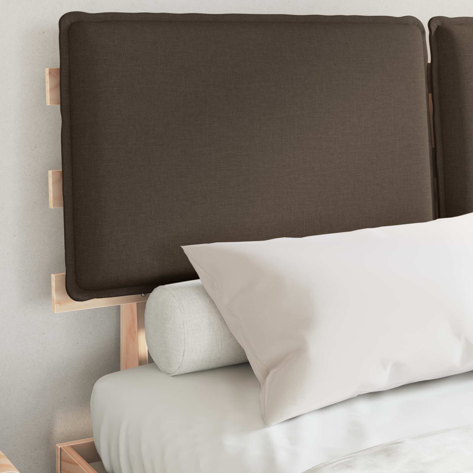 Estrutura de cama com cabeceira estofada cinzento-acastanhado