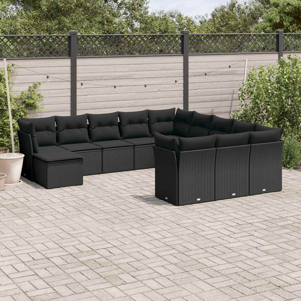 12 Pcs conjunto de sofás de jardim c/ almofadões vime PE preto