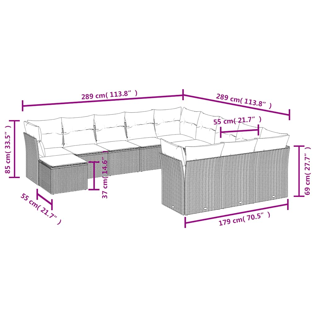 12 Pcs conjunto de sofás de jardim c/ almofadões vime PE preto