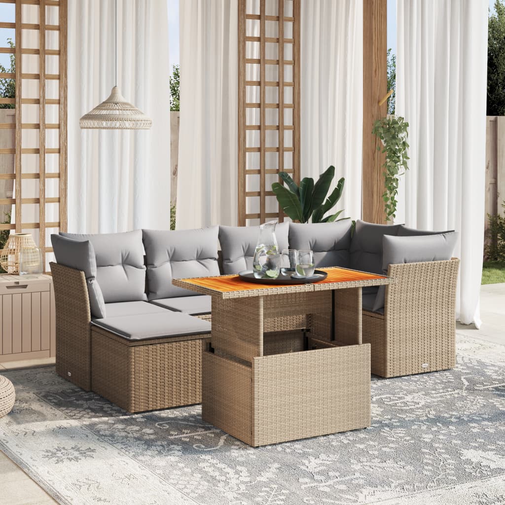 7 Pcs conjunto de sofás p/ jardim com almofadões vime PE bege