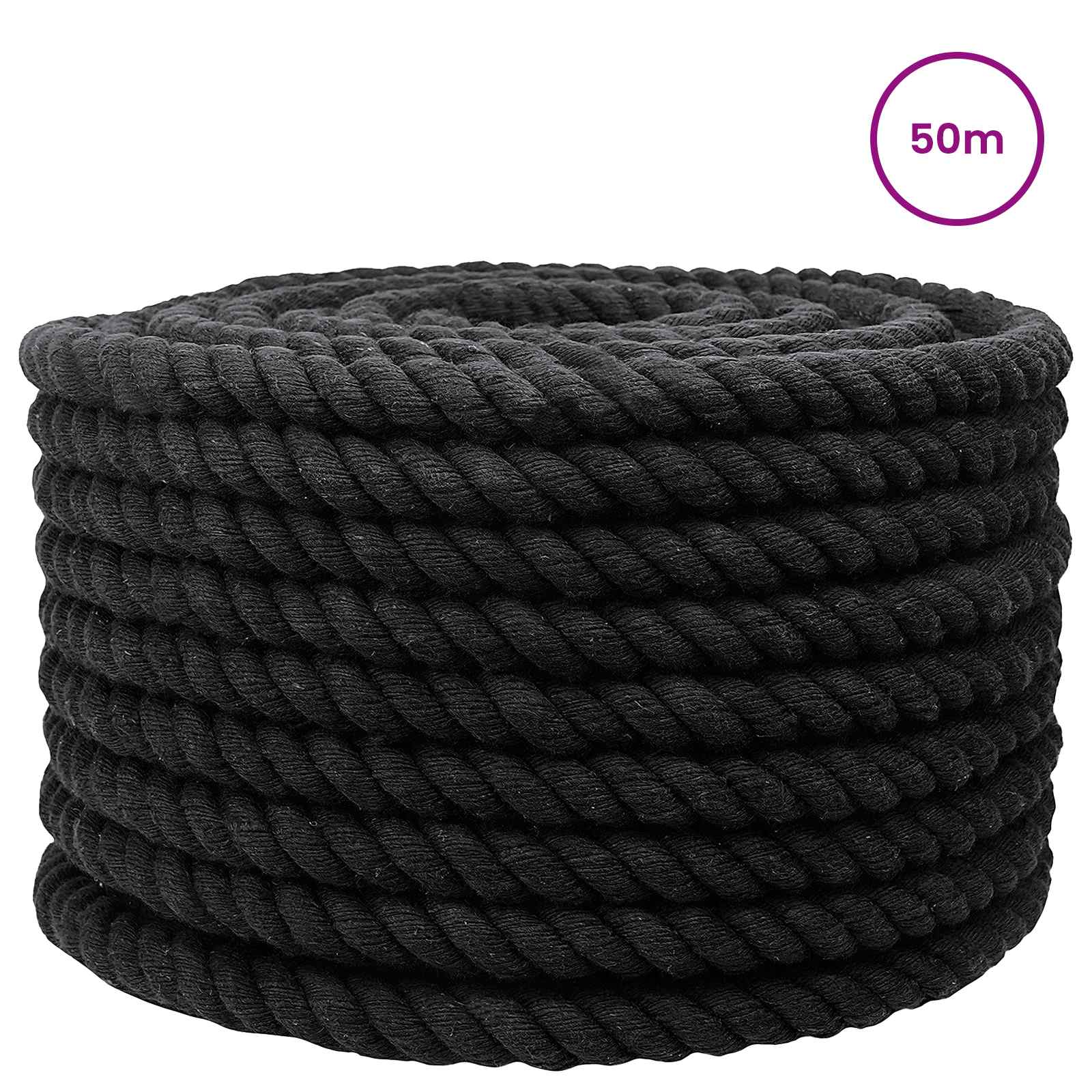Corda de algodão 24 mm 50 m preto 100% algodão