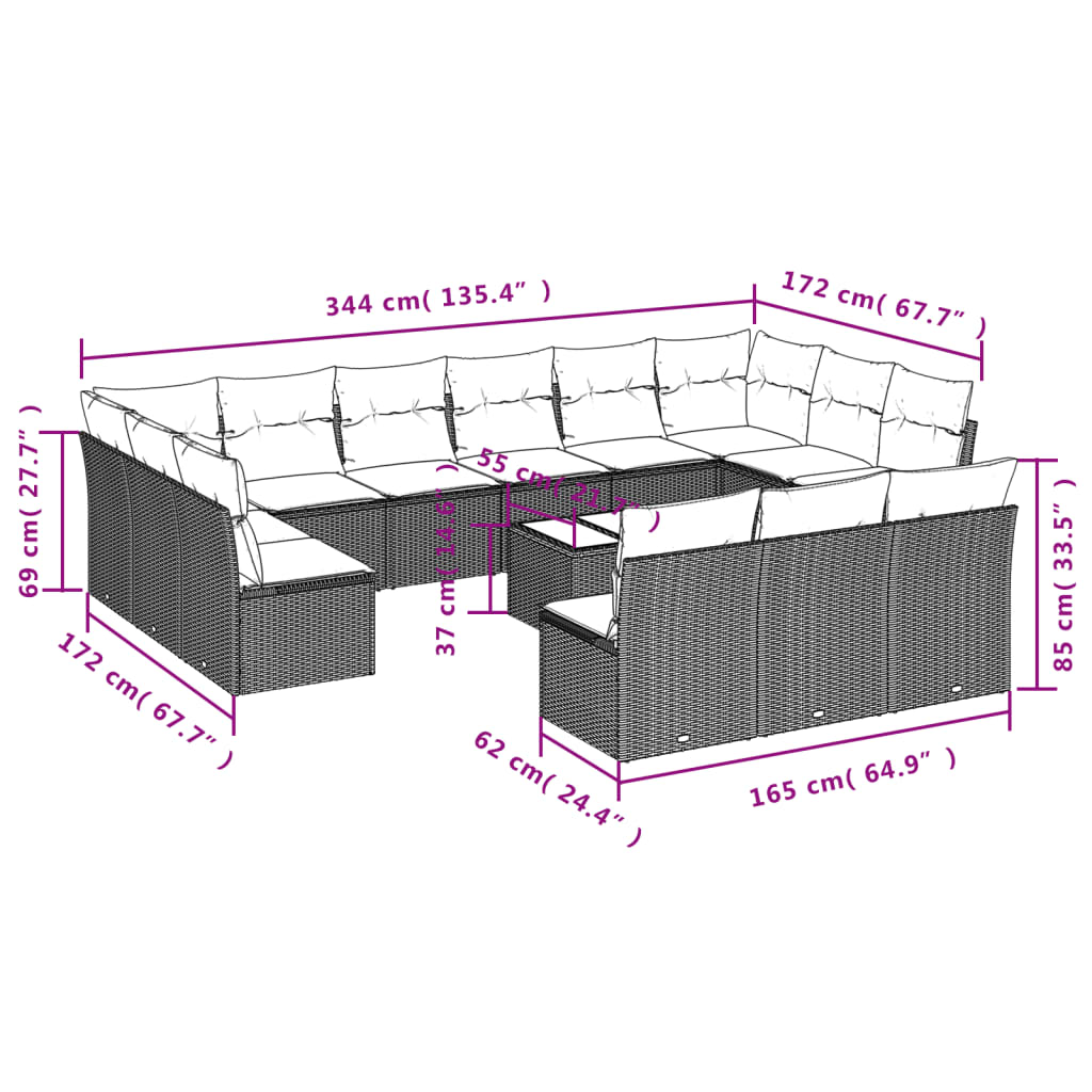 14 Pcs conjunto de sofás p/ jardim c/ almofadões vime PE preto