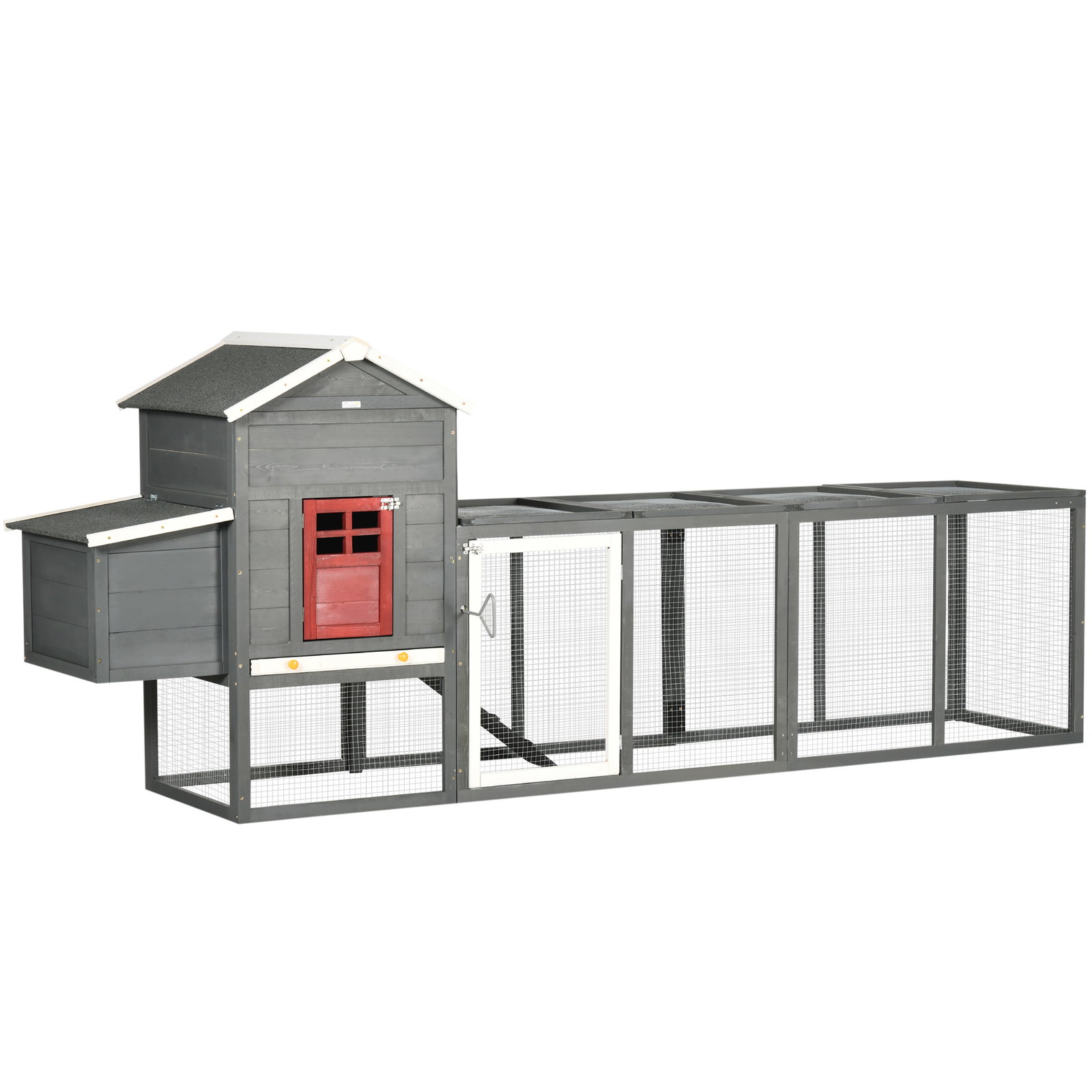 Galinheiro grande de madeira 300x66x116 cm com ninho, corredor bandeja removível telhado asfáltico rampa 297,5x68x118 cm branco e cinza