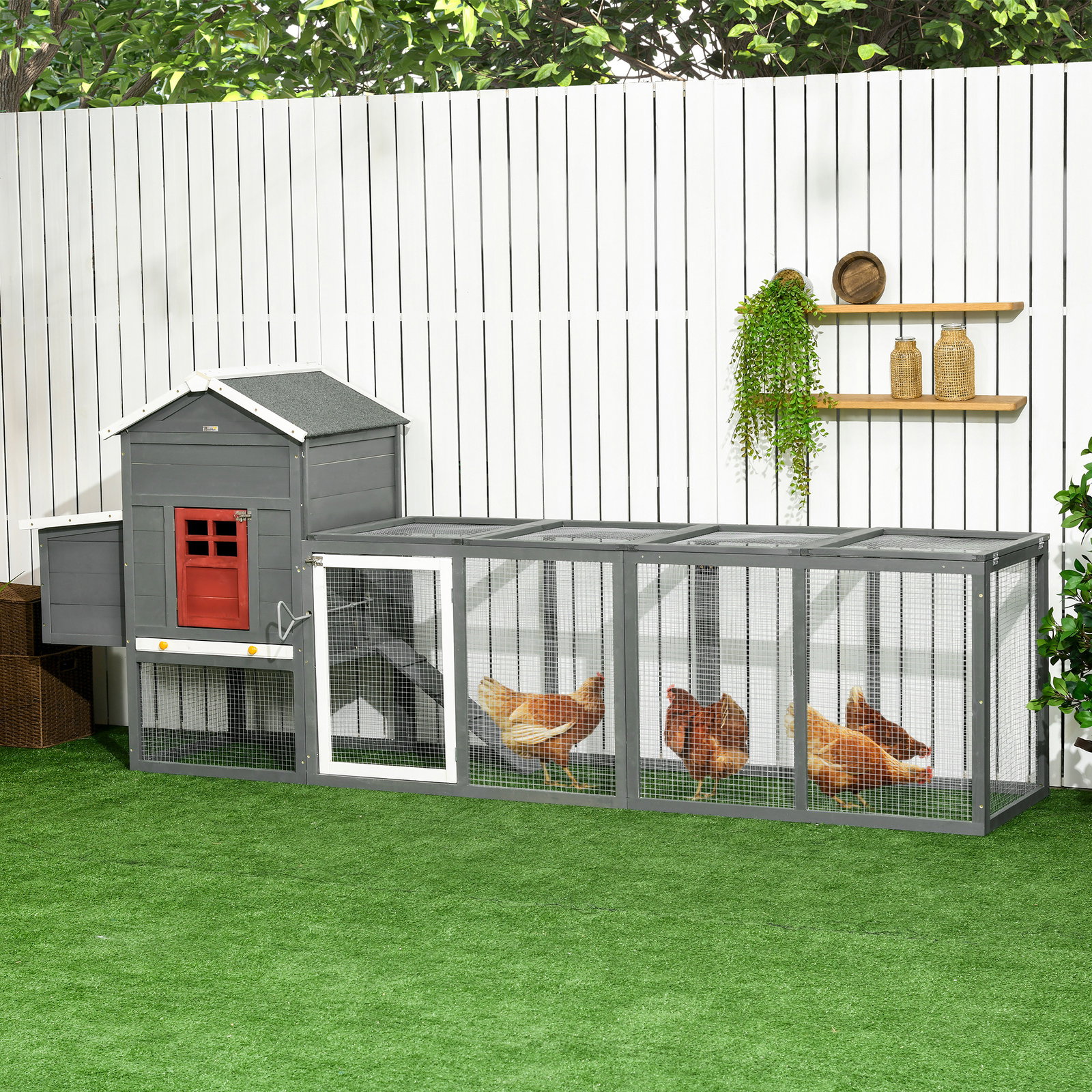 Galinheiro grande de madeira 300x66x116 cm com ninho, corredor bandeja removível telhado asfáltico rampa 297,5x68x118 cm branco e cinza