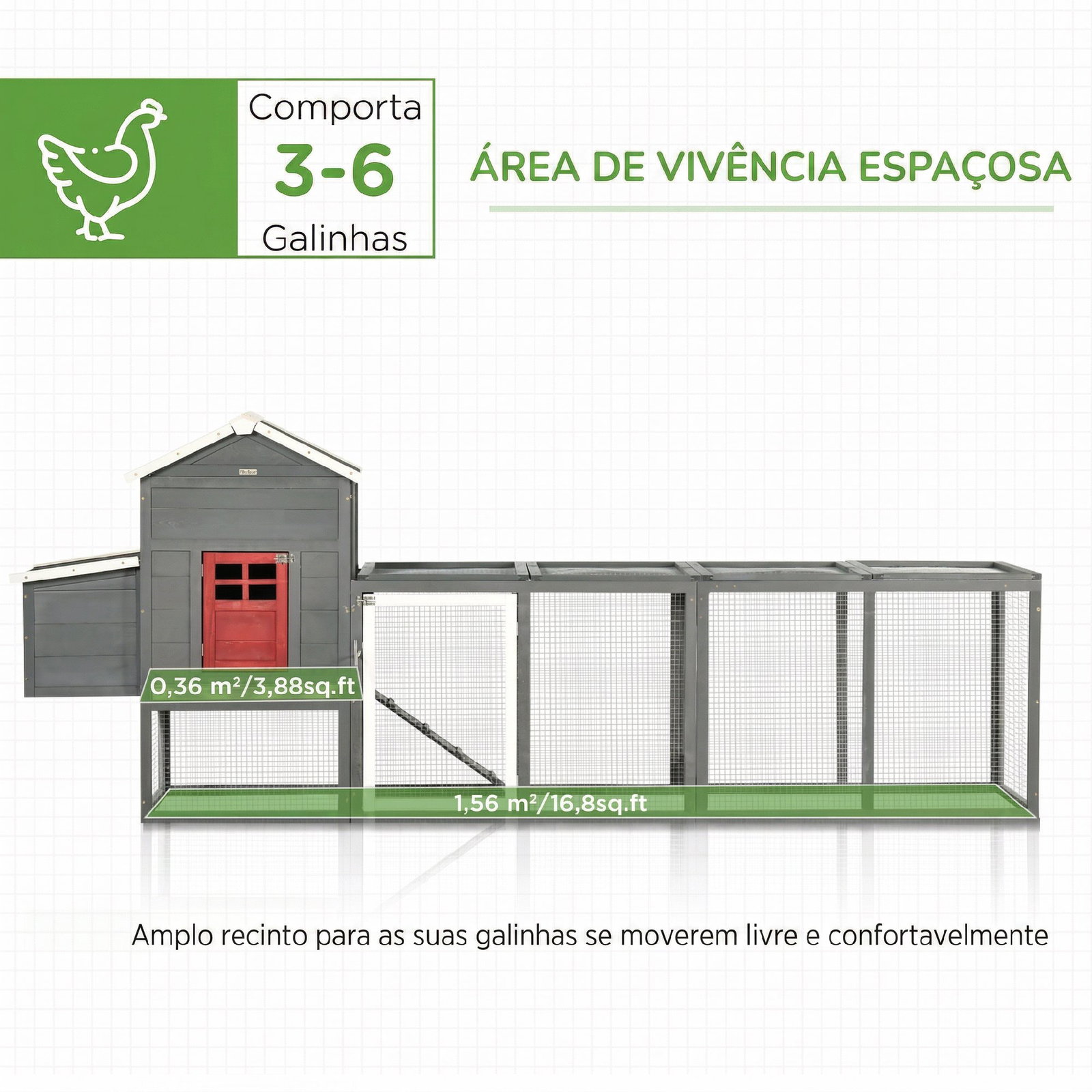 Galinheiro grande de madeira 300x66x116 cm com ninho, corredor bandeja removível telhado asfáltico rampa 297,5x68x118 cm branco e cinza