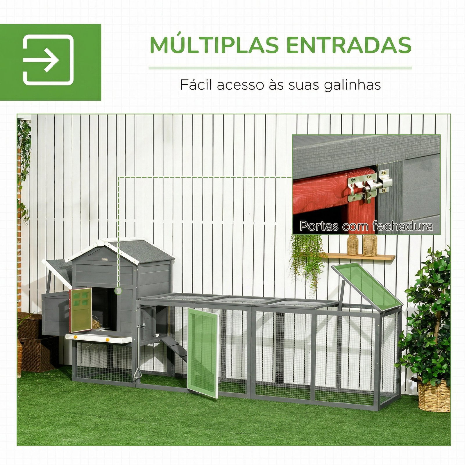 Galinheiro grande de madeira 300x66x116 cm com ninho, corredor bandeja removível telhado asfáltico rampa 297,5x68x118 cm branco e cinza