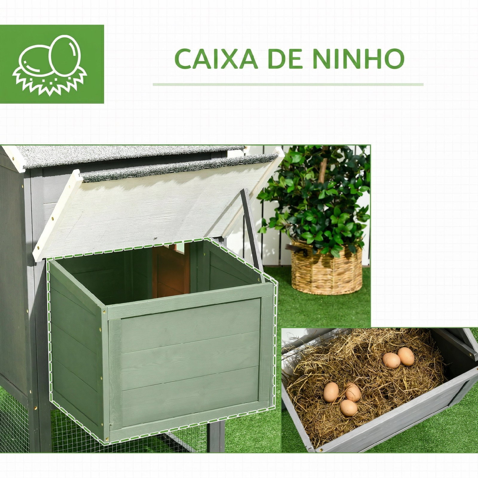 Galinheiro grande de madeira 300x66x116 cm com ninho, corredor bandeja removível telhado asfáltico rampa 297,5x68x118 cm branco e cinza