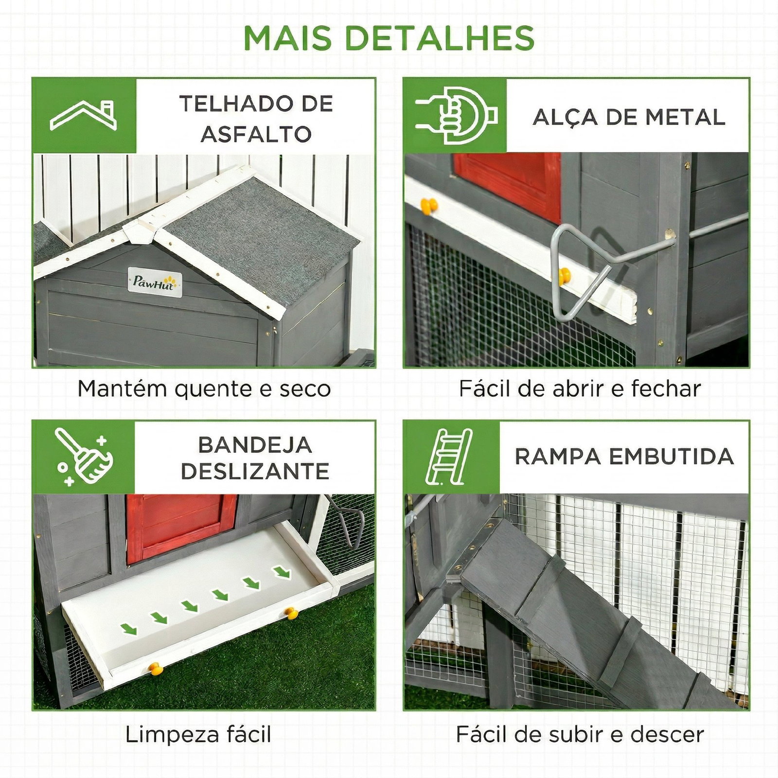 Galinheiro grande de madeira 300x66x116 cm com ninho, corredor bandeja removível telhado asfáltico rampa 297,5x68x118 cm branco e cinza