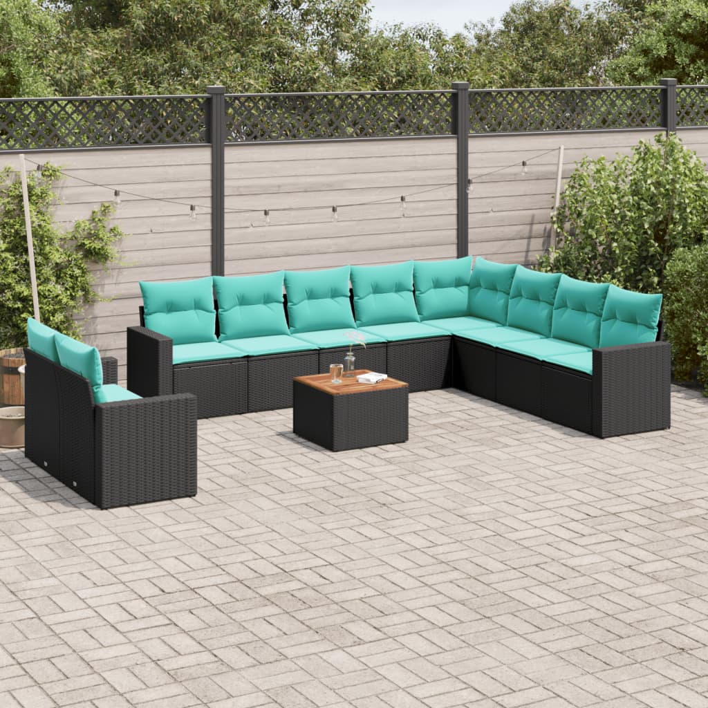 11 Pcs conjunto sofás de jardim c/ almofadões vime PE preto