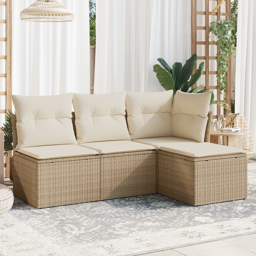 4 Pcs conjunto de sofás para jardim c/ almofadões vime PE bege