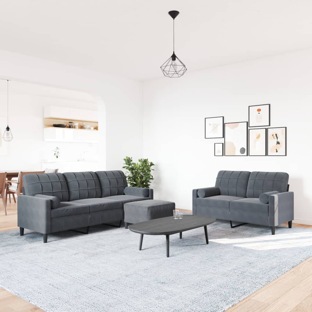 3 Pcs conjunto sofás com almofadões e rolos veludo cinza-escuro