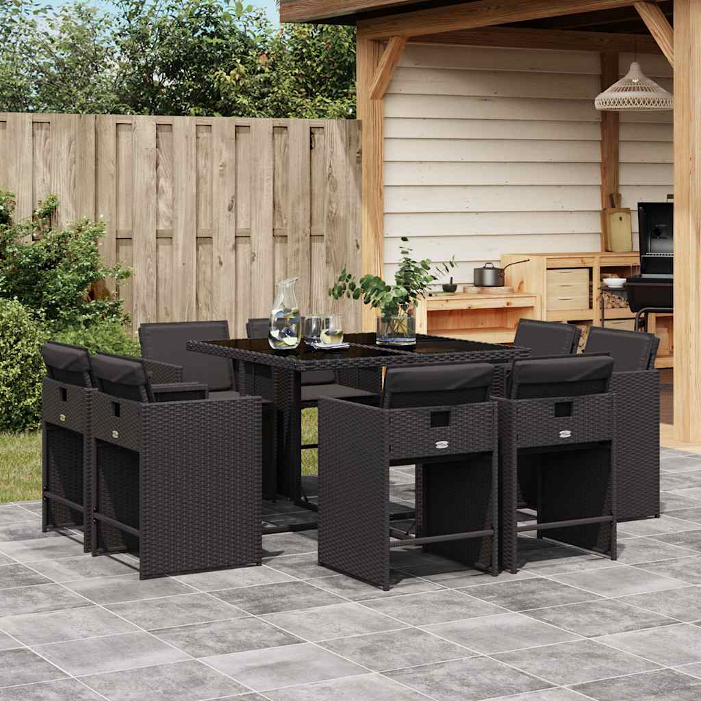 9 Pcs conjunto de jantar p/ jardim c/ almofadões vime PE preto