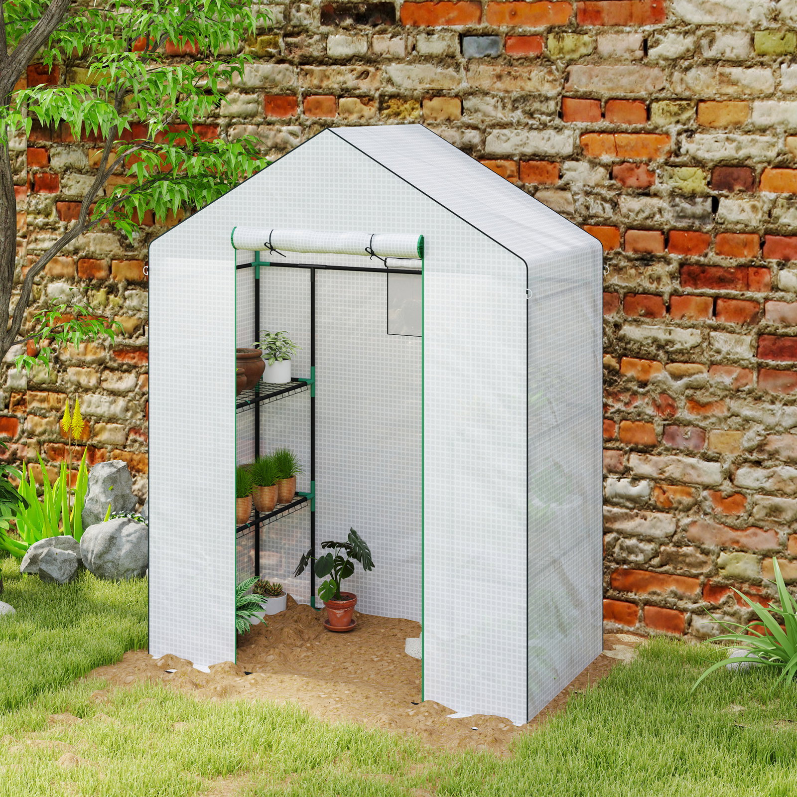 Estufa de jardim pequena de 3 níveis com 6 prateleiras porta enrolável e capa de PE 143x74x190 cm branco