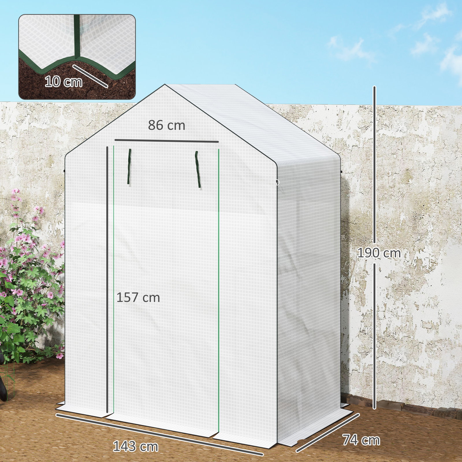 Estufa de jardim pequena de 3 níveis com 6 prateleiras porta enrolável e capa de PE 143x74x190 cm branco