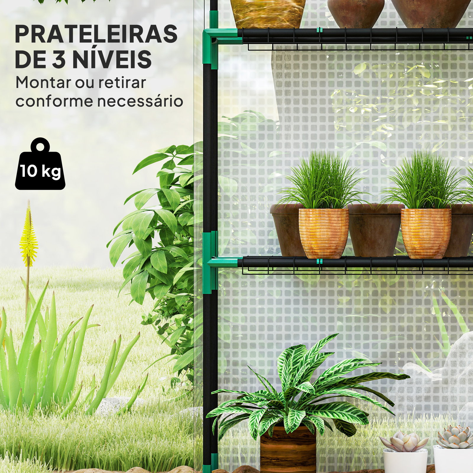 Estufa de jardim pequena de 3 níveis com 6 prateleiras porta enrolável e capa de PE 143x74x190 cm branco