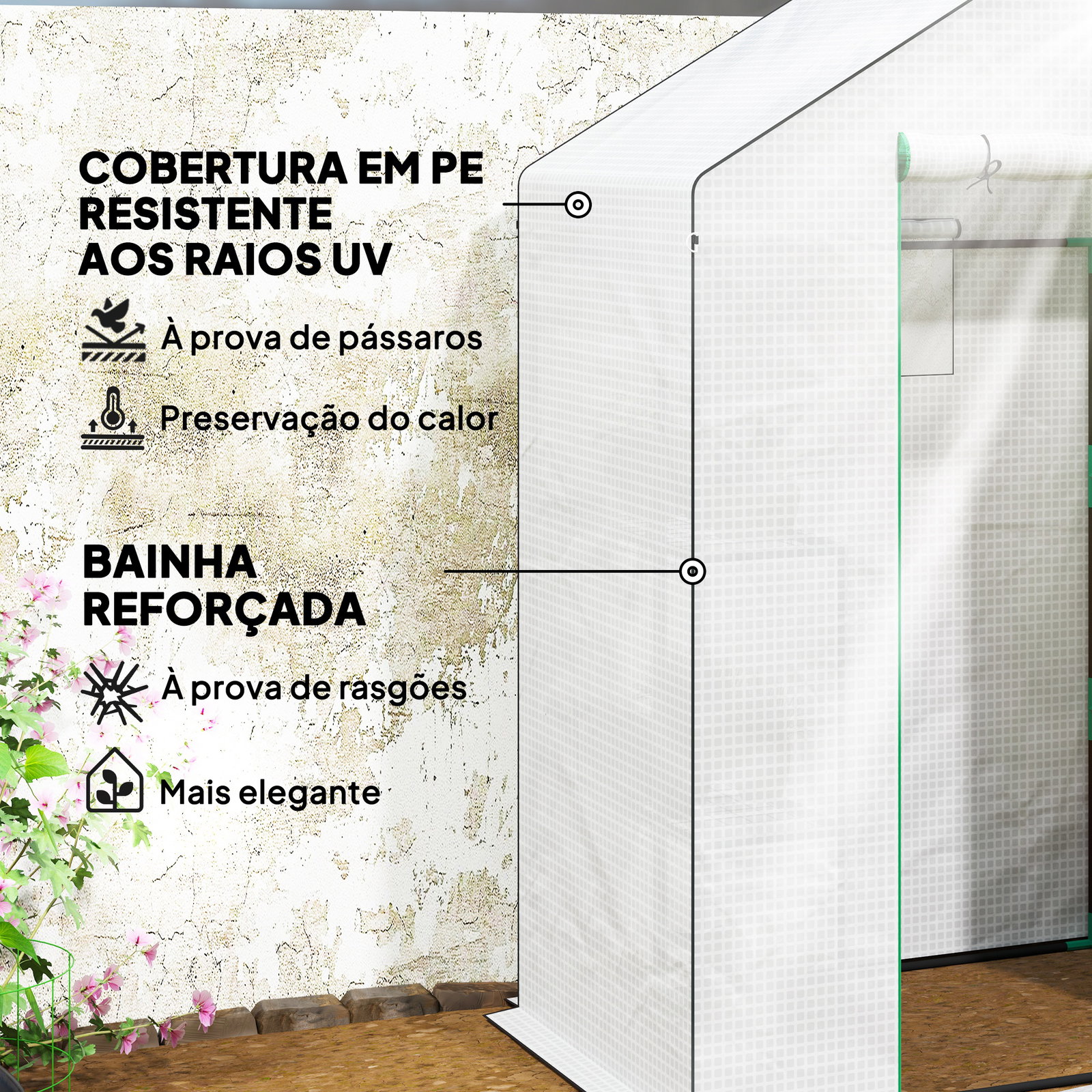 Estufa de jardim pequena de 3 níveis com 6 prateleiras porta enrolável e capa de PE 143x74x190 cm branco