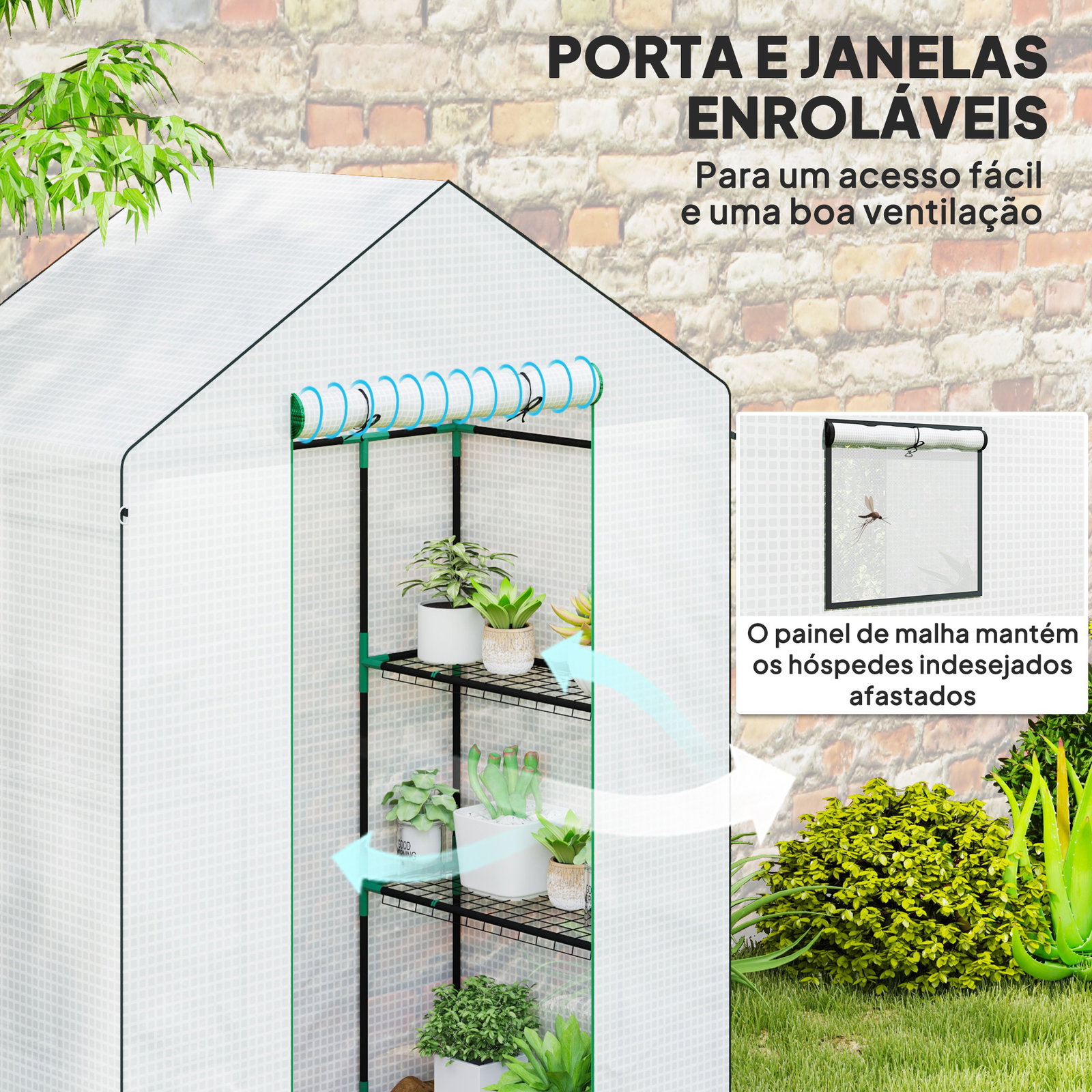 Estufa de jardim pequena de 3 níveis com 6 prateleiras porta enrolável e capa de PE 143x74x190 cm branco