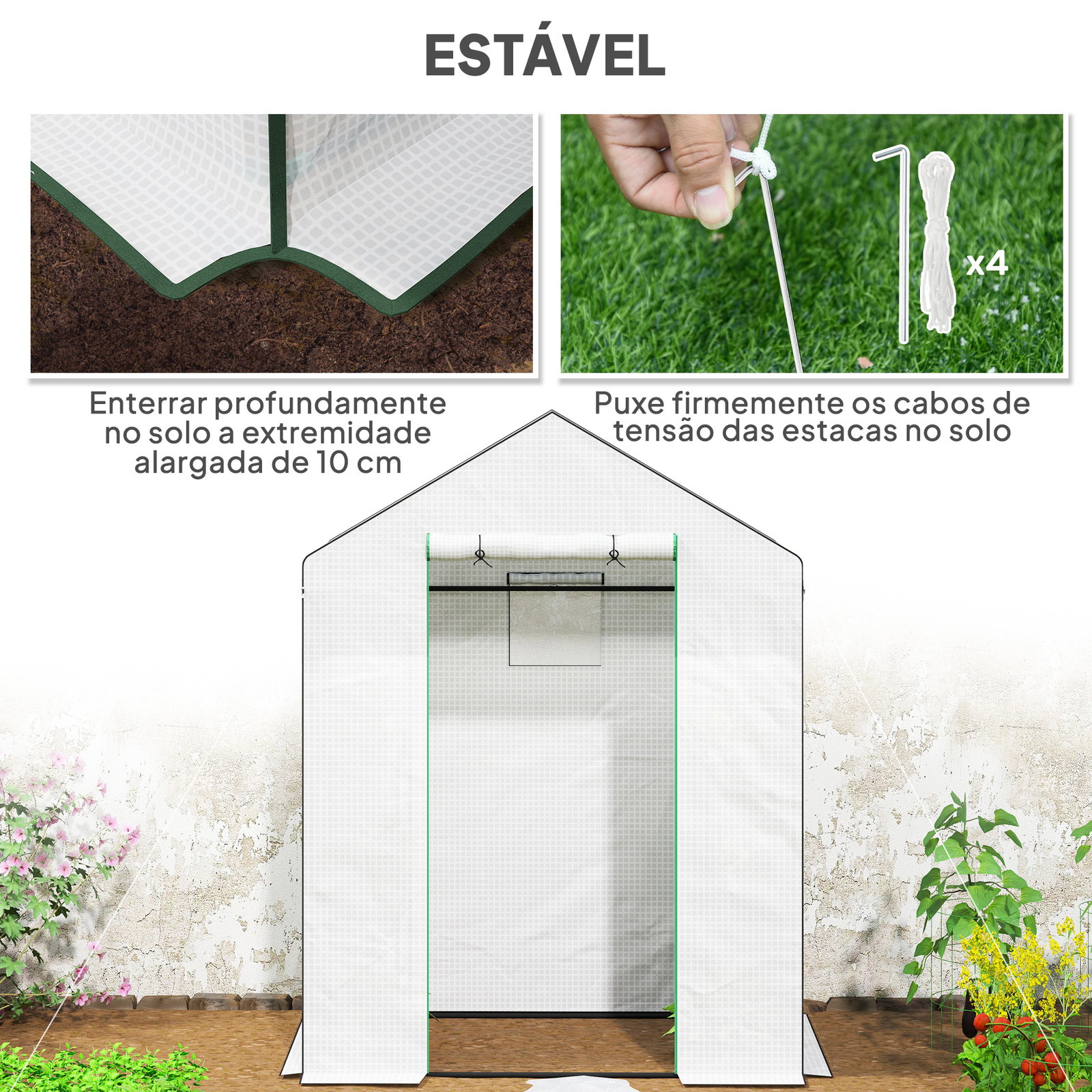 Estufa de jardim pequena de 3 níveis com 6 prateleiras porta enrolável e capa de PE 143x74x190 cm branco