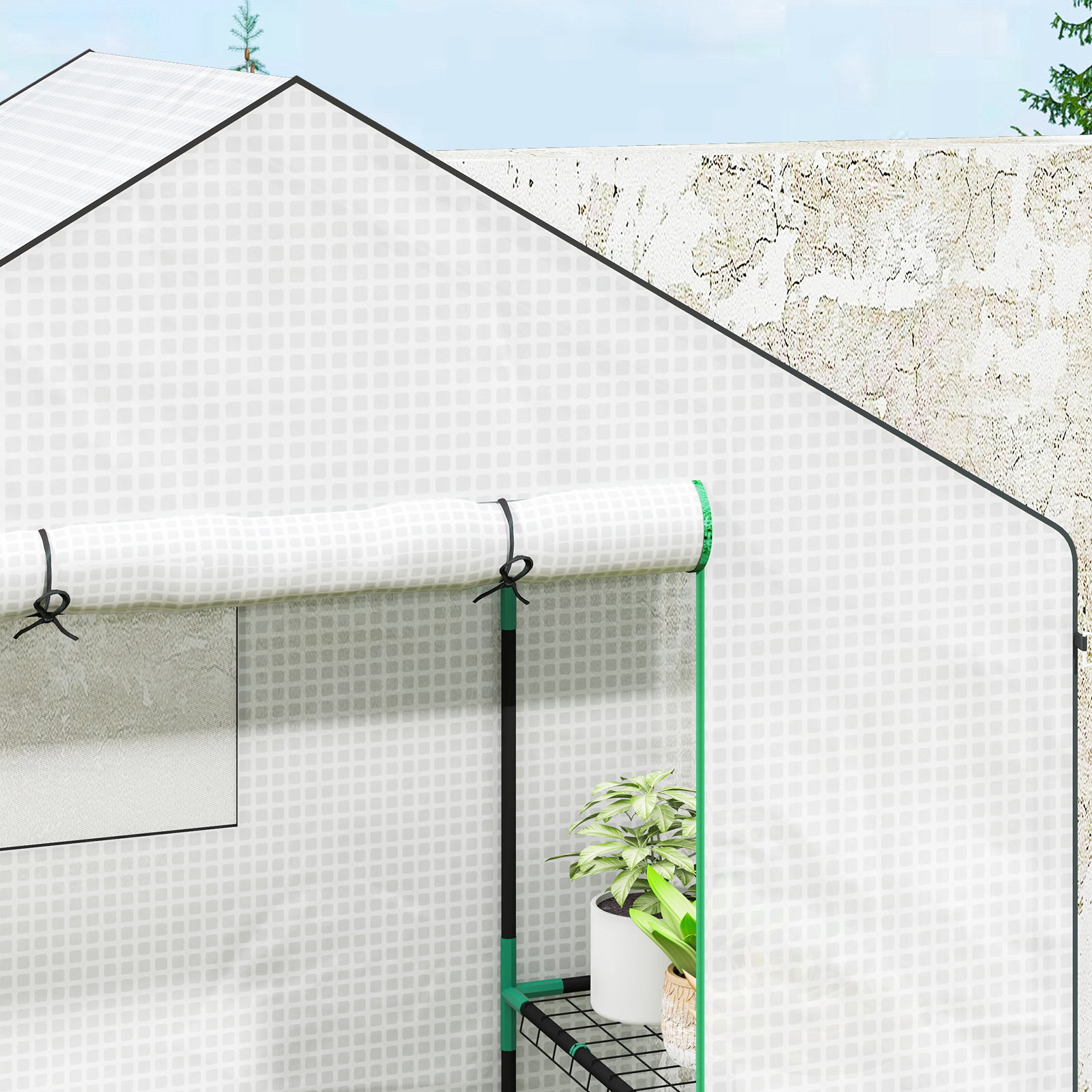 Estufa de jardim pequena de 3 níveis com 6 prateleiras porta enrolável e capa de PE 143x74x190 cm branco