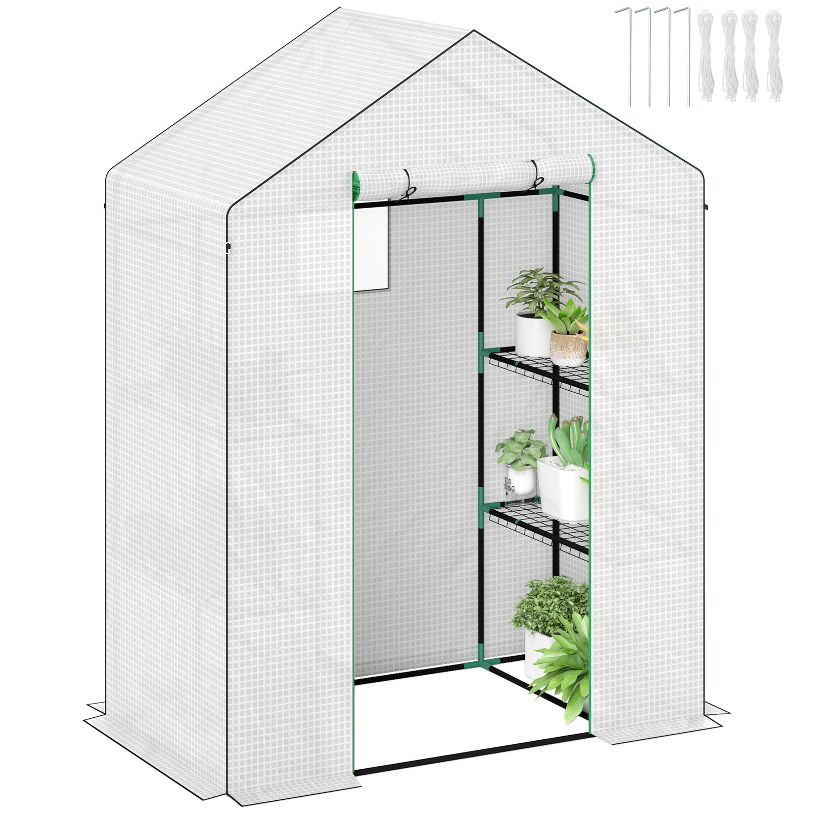 Estufa de jardim pequena de 3 níveis com 6 prateleiras porta enrolável e capa de PE 143x74x190 cm branco