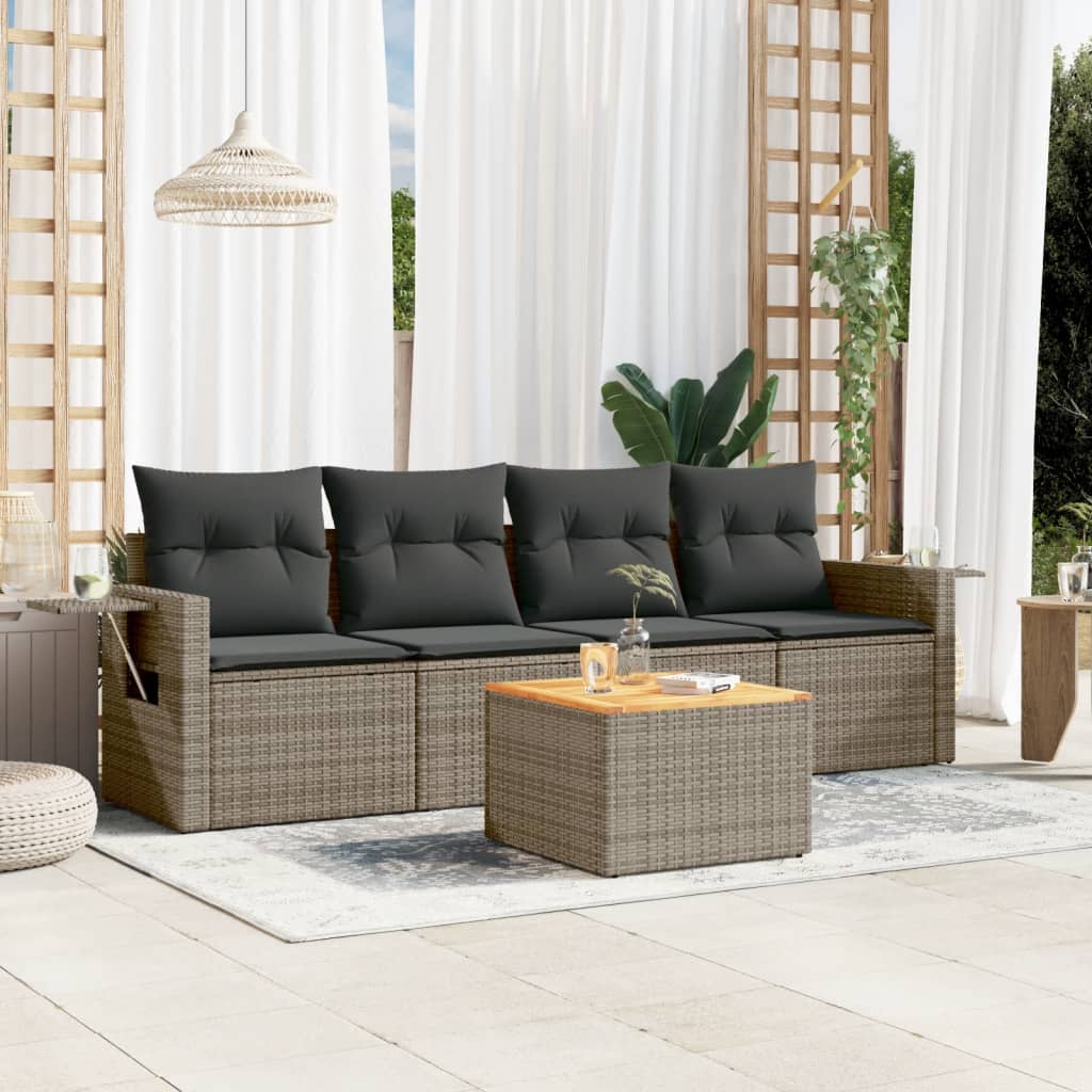 5 Pcs conjunto sofás de jardim c/ almofadões vime PE cinzento